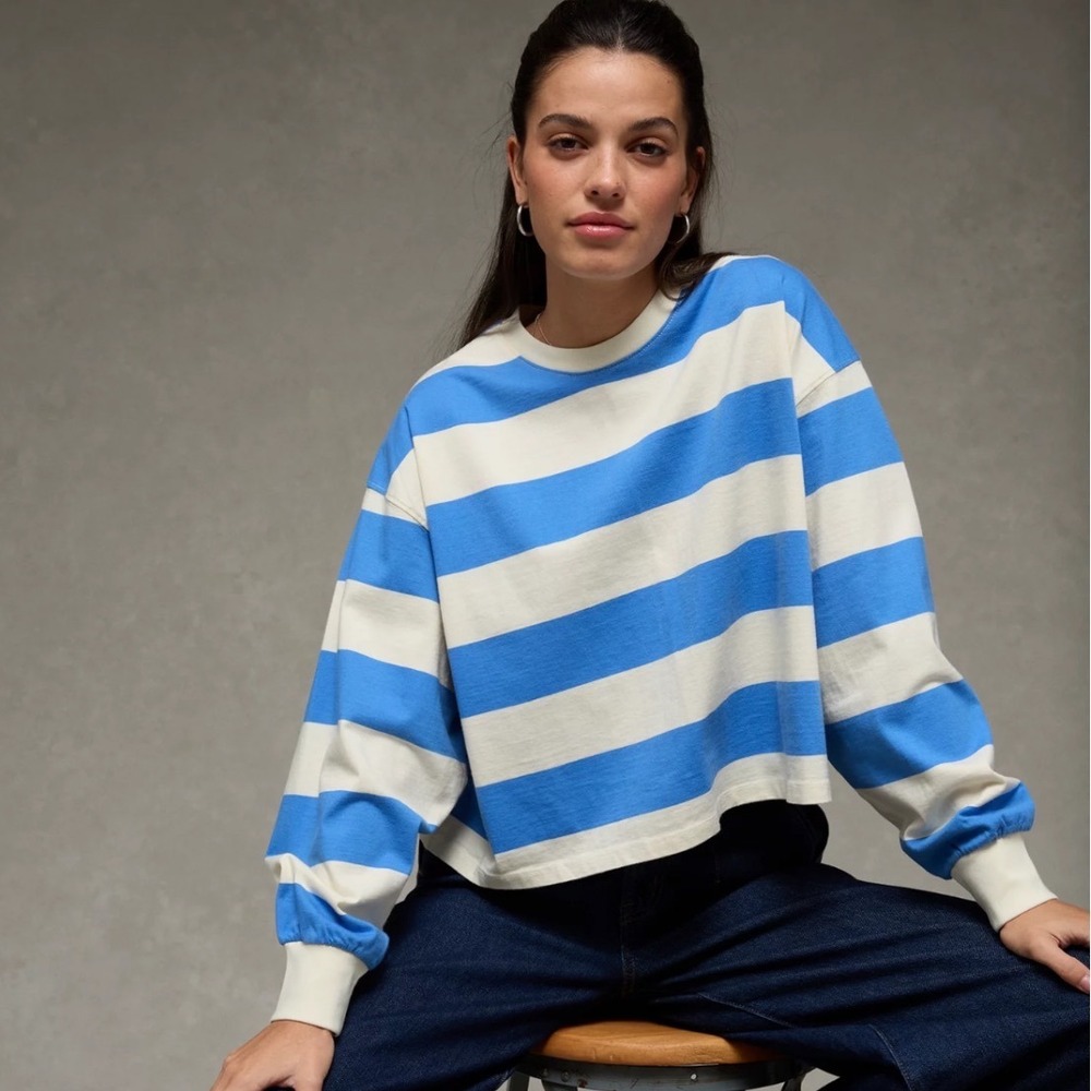 American Eagle Striped Balloon Sleeve T-Shirt Blue Cream Oversized Crop Top L